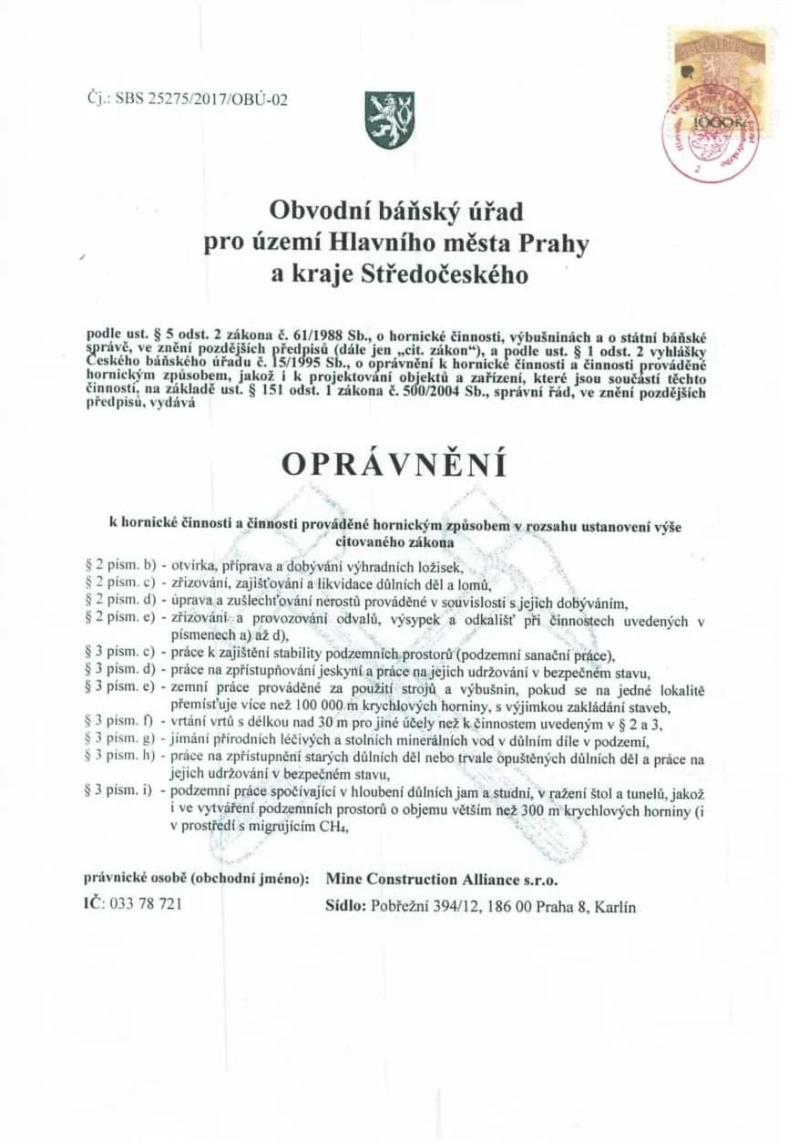 Oprávnění k hornické činnosti № SBS 25275/2017/OBÚ-02